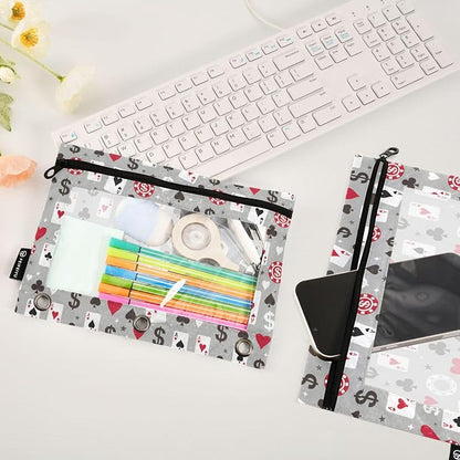 Play Chess White Black Binder Pouches 3 Ring for Boys Girls School Office College Supplies Chessboard Queen Knight Pencil Pouches Case Bag with Clear Window and Zipper 2 Pack