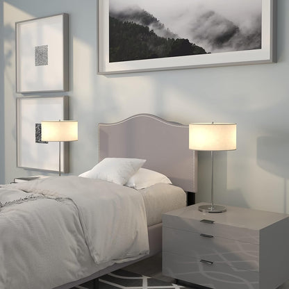 Upholstered Twin Size Headboard with Nailtrim in Light Gray Fabric