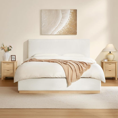 Upholstered Queen Size Bed Frame, Boucle Fabric Platform Bed Mattress Foundation Noise-Free No Box Spring Needed Easy Assembly