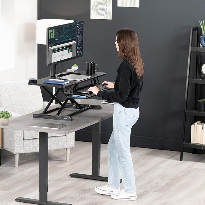VIVO 42 inch Desk Converter, K Series, Height Adjustable Sit to Stand Riser, Dual Monitor and Laptop Workstation with Wide Keyboard Tray, Black, DESK-V042KB