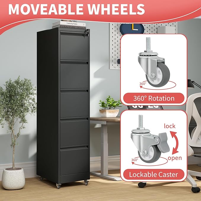 IKIMI 5 Drawer Locking File Cabinet with Wheels,Metal Mobile Filing Cabinets,Black Vertical File Cabinet for Home Office,Heavy Duty Storage Cabinet for A4/Letter/Legal Size File,Assembly Required
