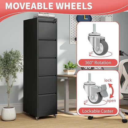 IKIMI 5 Drawer Locking File Cabinet with Wheels,Metal Mobile Filing Cabinets,Black Vertical File Cabinet for Home Office,Heavy Duty Storage Cabinet for A4/Letter/Legal Size File,Assembly Required