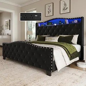 Queen Size Platform Bed Frame with 50.9" LED Headboard, Black