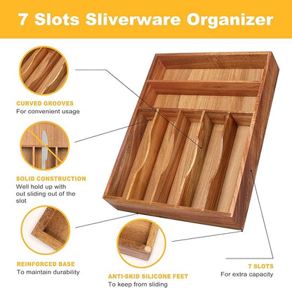 Oridom Kitchen Acacia Silverware Organizer - Extra Deep Grooved Drawer Divider, 7 Slot Utensil Organizer