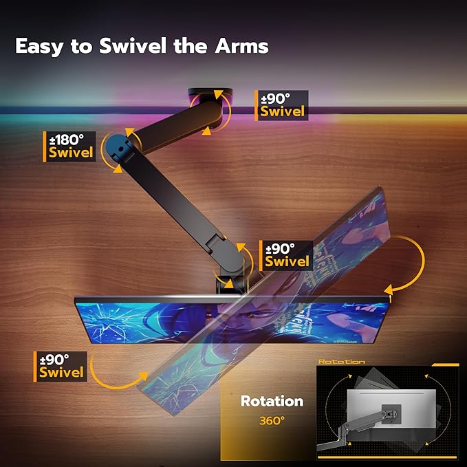 ARES WING Wall Mount Monitor Arm for 17-49 Inch Ultrawide Screens, Heavy Duty Single Monitor Mount Holds 44 lbs, Fully Adjustable Gas Spring Wall Mount, 75x75/100x100 VESA Mount, Black