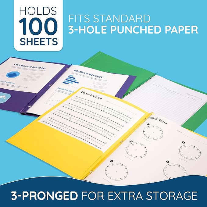Blue Summit Supplies 100 Paper Two Pocket Folders with Prongs, 2 Pocket Folders Bulk 100 Pack, Assorted 5 Colors, 3 Prongs for Letter Size Paper, Designed for Office and Classroom