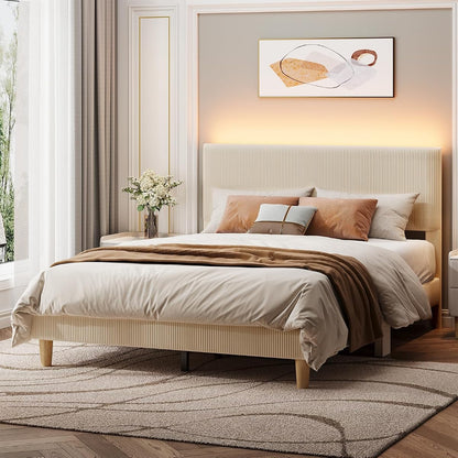Queen Bed Frame with Headboard LED Lighting,Upholstered,Beige