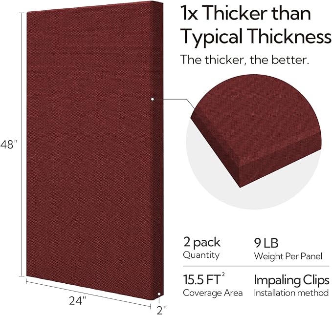Olanglab Sound Absorbing Acoustic Wall Panels 2 Pack, 2'' 24''x48'' Fiberglass Sound Dampening Panels, Large Fabric Wrapped Sound Proof Panels for Walls (Burgundy)