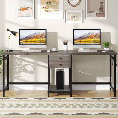 Tribesigns 79 Inch Extra Long Desk, Two Person Desk with 2 Drawers, Double Computer Table with Storage Shelves, Writing Table for Home Office, Grey