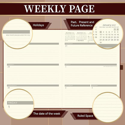 Vondafe 2027 Planner Weekly and Monthly, Jan. 2027 - Dec. 2027, 9" x 11" | Inner Pocket + Elastic Closure + Pen Loop + Bookmarks, Leather Hardcover, Brown, Calendar Planner 2027 for office planning