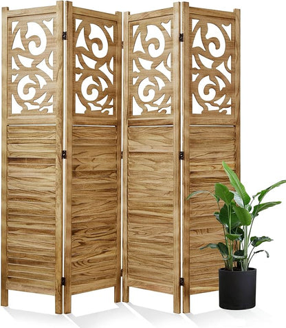 Room Divider Wood Carved Wall Divider Indoor Folding Portable Partition Screen for Home Office Garden Terrace - 4 Panel, 67 * 60inch (Wood)