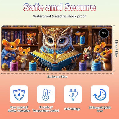 Heated Desk Pad Large Mouse Pad 31.5 x 13 inch with 3 Levels Heating & Auto Shut-Off Warm Mouse pad PU Leather Computer Mousepad for Home Office Work - Owl Book