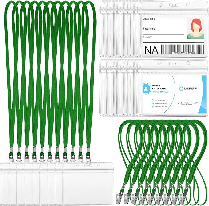Marspark 50 Sets Clear Name Tags with Lanyard, Lanyards for ID Badges Reusable Strap with ID Holder Plastic Name Badges for Adults Business School Church Conference (Green)