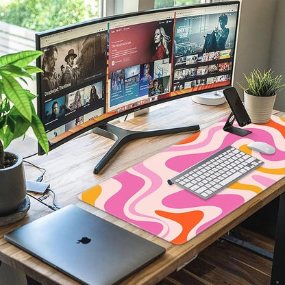 iCasso Large Mouse Pad (35.4x15.7 in), Desk Mat Gaming Mousepad with Stitched Edges, Keyboard Mouse Mat Desk Pad for Work, Game, Office, Home-Pink Topographic