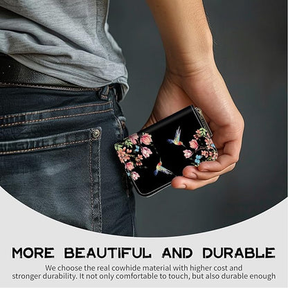 BWEGRHE Cute Credit Card Holder with Zipper, Hummingbird Floral Sakura RFID-Blocking Card Case Small Wallet for Women Men, Multi-slot Card Organizer Case Travel Accordion Wallet