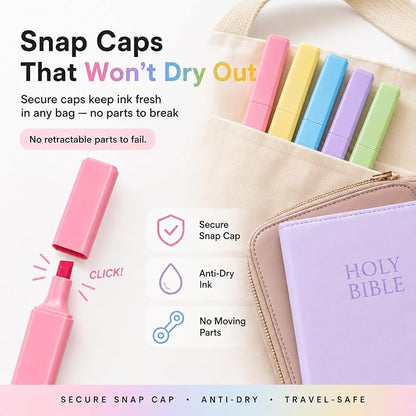 10 Aesthetic Bible Highlighters - Chisel Tip Liquid Ink Marker | Pen with Snap Caps for Clean Highlighting - Assorted Colors, No Bleed & Quick Dry - Bible Marker for Journaling & Studying