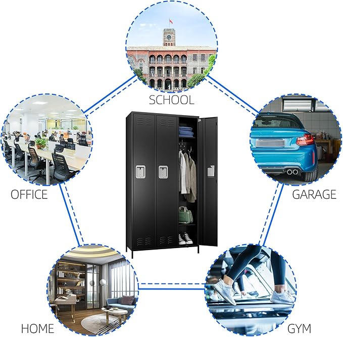 SUPEER 3 Doors Metal Lockers for Employees with Lock, Metal Locker with 9 Hooks for School Garage Office Gym Home,Assembly Required,Black