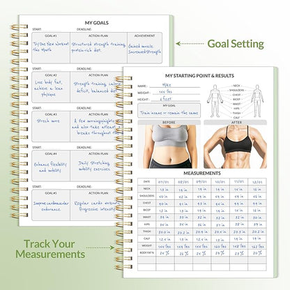 Fitness Journal Workout Planner for Women & Men, A5 (6.4" x 8.3") Workout Journal Log Book Planner Gift for Track Gym Essentials, Home Workouts, Track Progress, Achieve Wellness Goals, Green