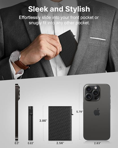 typecase Mens Wallet Card Holder: Pop Up Aluminum Case, Genuine Leather, Smart, RFID Blocking, Slim, Minimalist, Front Pocket - 9-14 Card Capacity | ID Window | Cash Slot (Cross Black)