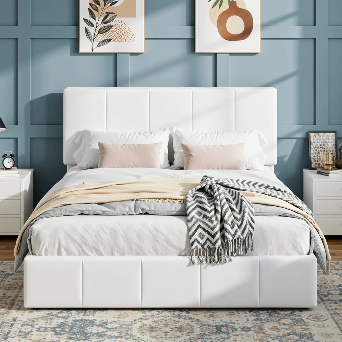 Full Size Bed Frame, Velvet Upholstered Platform Bed, Vertical Channel Tufted Adjustable Headboard, Low Profile Bed Frame, No Box Spring Needed, Easy Assembly, White