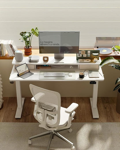 FEZIBO 48 x 24 Inch Height Adjustable Electric Standing Desk with Double Drawer, Stand up Home Office Computer Desk with 4 Height-Adjustable Feets & 2 Hooks, White