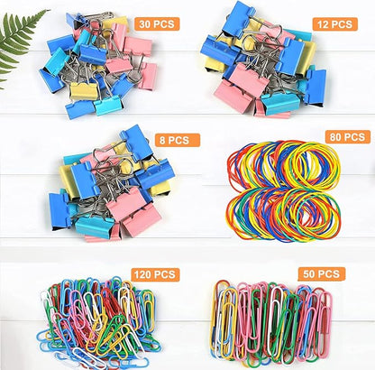 Vinaco 300PCS Paper Clips and Binder Clips Assorted Sizes, Colored Paper Clips (2" Large/1.3" Medium), Binder Clips (1" Medium /0.75" Small/0.6" Mini) and Rubber Bands for Home Office School