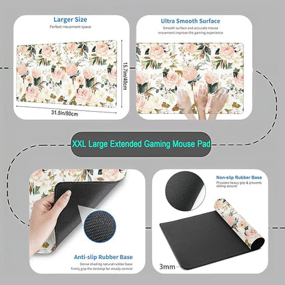 Desk Mat Pink Floral Desk Pad Cute Flowers Mouse Pad Gaming XL Large Mousepad Green Leaves Desk Matt for Desktop, Computer Laptop Keyboard Mouse Mat for Women Office Decor Accessories 31.5x15.7 in