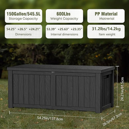TARKARI 150 Gallon Lockable Resin Deck Box, Waterproof & UV-Resistant Outdoor Storage Box for Outdoor Cushion Storage, Garden Tools & Pool Accessories Storage, Black