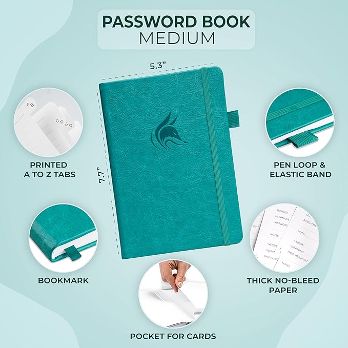 Clever Fox Password Book with alphabetical tabs. Internet Address Organizer Logbook. Medium Password Keeper for Website Logins (Aquamarine)