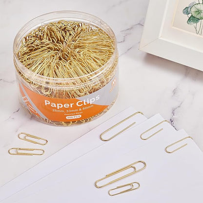 NEEWAY 500pcs Gold Paper Clips Assorted Sizes Small, Medium and Large Paperclips for Paperwork Ideal for Home, School and Office Use