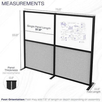 VIVO Modular Wall System, 2 PET and Whiteboard Panels, Professional Office Cubicle Dividers, Freestanding Privacy-Screen, 66 inches High, White and Light Gray, Black Frame, PP-MWS63B-WB