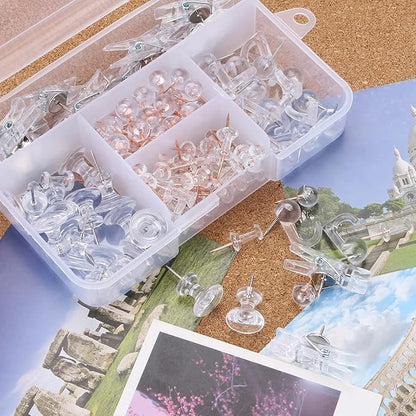 Clear Push Pins Set, 5 Styles 125-count Thumb Tacks Map Pins, Steel Point and Clear Plastic Head Pushpins Transparent Thumbtacks for Cork Board Bulletin Boards
