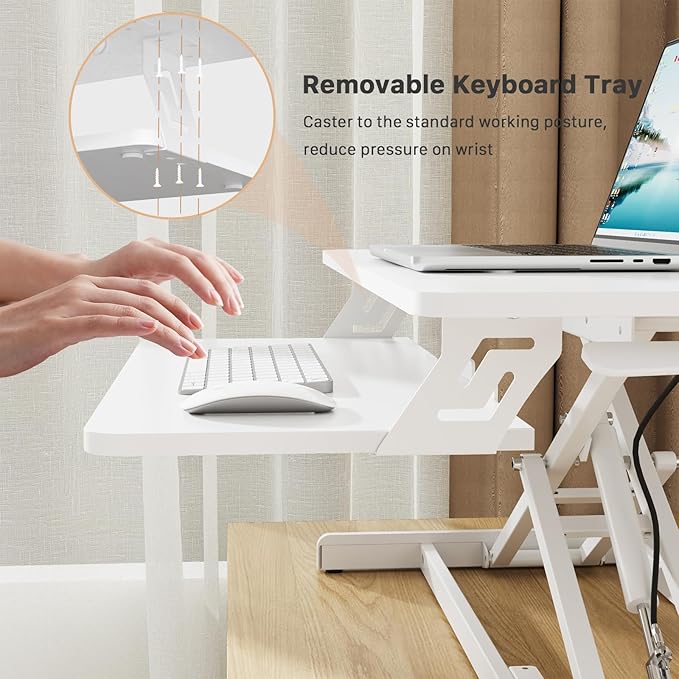 JOY worker Standing Desk Converter, 32" Wide Height Adjustable Sit Stand Up Desk Riser with Keyboard Tray, Desktop Workstation Riser for Home Office Computer Laptop, Particle Board, White
