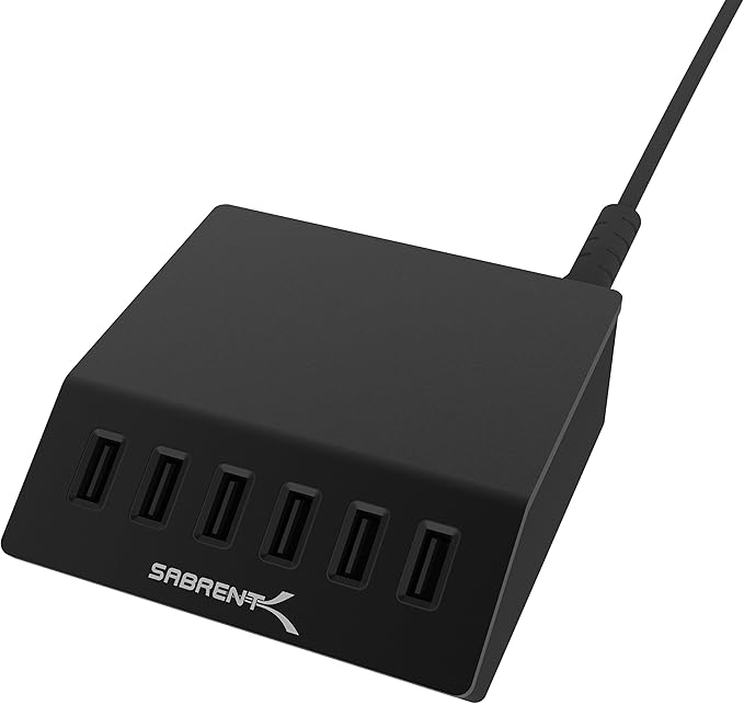 SABRENT Premium 60 Watt (12 Amp) 6 Port Aluminum Family Sized Desktop USB Rapid Charger.[UL Certified ] Smart USB Charger with Auto Detect Technology [Black] (AX-FLCH-B)