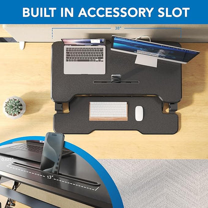 Mount-It! 38" Standing Desk Converter, Desktop Sit-Stand Desk Riser with Gas Spring Height Adjustment, Compact Desk Topper for Dual Monitors or Laptop, Keyboard Tray, Black