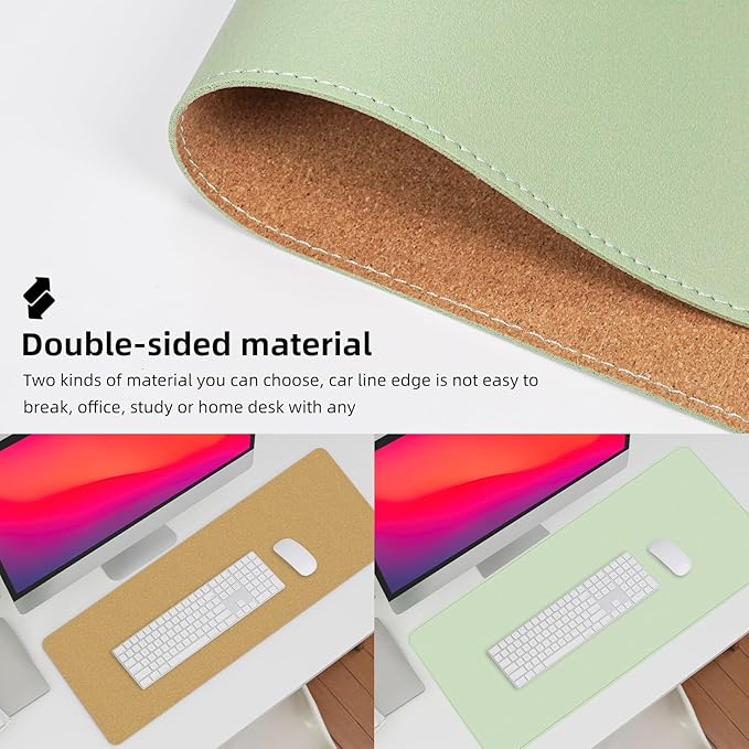 Leather Desk pad Protector, 47in*23in Large Desk mat with Natural Cork & PU Leather,Mouse pad,Non-Slip Office Desk Mat,Waterproof Desk Writing Pad for Office and Home (Light Green)