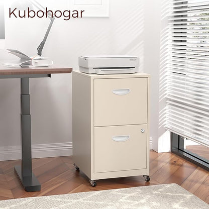 Kubohogar 2 Drawer Mobile File Cabinet with Lock, Cream Metal Filing Cabinets with Wheels, Vertical Rolling File Cabinet Fit Hanging Files, Letter and A4 Documents