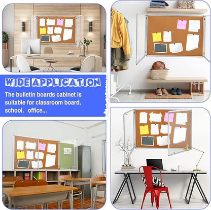 Enclosed Bulletin Board 48" x 36" Weather Resistant Lockable Notice Cork Display Board Wall Mounted 2 Locking Door for School Classroom Commercial Christmas, 12 x A4(Brown, Silver Frame)