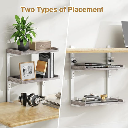 ART-GIFTREE Clamp On Desk Shelf 2-Tier, Wood Shelving Unit for Office Desk/Gaming Accessories, Tabletop Book Storage Rack, Shelf for Top of Desk, Grey