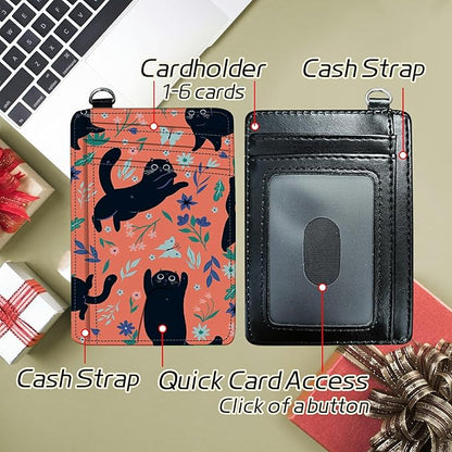 BWEGRHE Small Travel Wallets, Black Cat Flowers Slim Minimalist Front Pocket Wallet with Wristlet, RFID Blocking PU Leather Credit Card Holder with ID Window Change Purse for Men Women