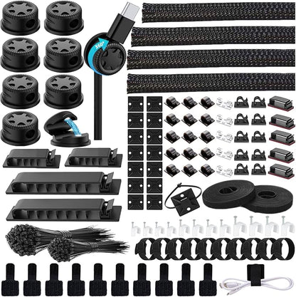 ELII 328Pcs Cable Management Kit, 8 Magnetic Cable Holder,69Adhesive Cable Clips,4 Cable Sleeve Split,22Reusable Cable Strap,200 Nylon Cable Zip Ties with 25 Mounts TV Office (Black)