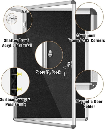 Mifuro 36"x24" Enclosed Bulletin Board, Lockable Weather-Resistant Aluminum Cork Noticeboard for School & Office, Silver Frame w/Black Flet