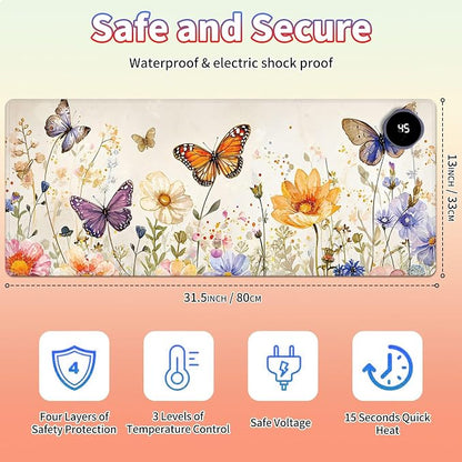 Heated Desk Pad Large Mouse Pad 31.5 x 13 inch with 3 Levels Heating & Auto Shut-Off Warm Mouse pad PU Leather Computer Mousepad for Home Office Work - Watercolor Butterflies and Flowers