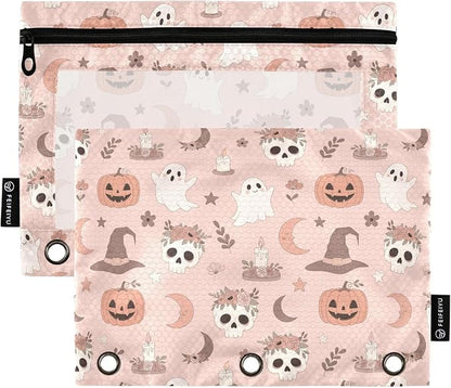 Emelivor Halloween Pumpkin Head Pencil Pouch for 3 Ring Binder 2 Pack Binder Pencil Case with Clear Window Pencils Bags with Zipper for Office Daily College Home Supplies
