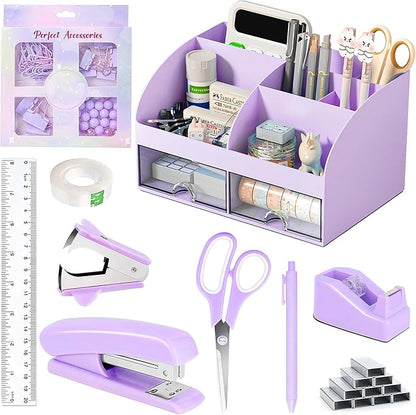 COMFYROOM Desk Accessories with Pen Holder, Office Supplies Desk Organizers and Accessories, Tape Dispenser, Stapler, Staple Remover, Staples, Clips Set, Ruler, Scissor, Pen, Tape (Purple)