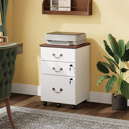 DEVAISE File Cabinet 3-Drawer, Small Office Furniture with Lock, Rolling Under Desk Filing Cabinet for Home Office, White
