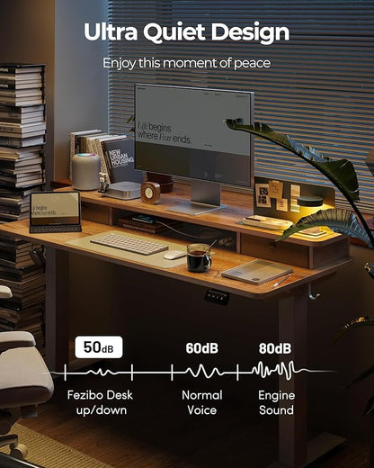 FEZIBO 60 x 24 Inch Height Adjustable Electric Standing Desk with Double Drawer, Stand up Home Office Computer Desk with 4 Height-Adjustable Feets & 2 Hooks, Maple