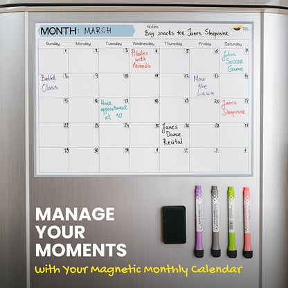 Monthly Magnetic Calendar for Refrigerator - 17x12” Stain-Resistant Dry Erase Fridge Calendar Whiteboard with Large Writing Space for Schedules, Chores & Meals - With 4 Markers & Eraser - Sunday Start