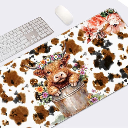 Britimes Cute Highland Cow Desk Mat Flowers Cartoon Print Deak Pad Non-Slip PU Leather Large Keyboard Mouse Pad Office Desktop Accessories for Office,Work,Home Decor(31.5"X15.7")