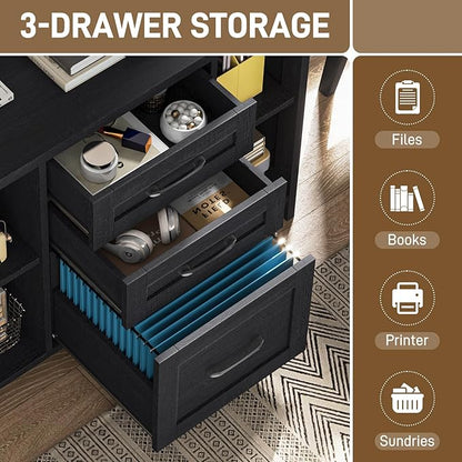 Vabches File Cabinet with 3 Drawers, Farmhouse Lateral File Cabinet Fits Files Letter/A4 Size, Wooden Filing Cabinet with Adjustable Shelves Printer Stand for Home Office, Black